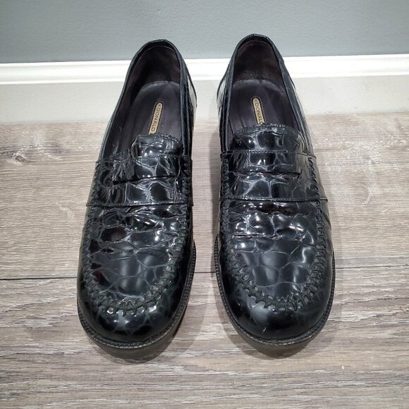 Donald J Pliner Nia2 Black Patent Leather Crocodile Print Wedge Loafer Shoe 8.5M - Picture 2 of 13